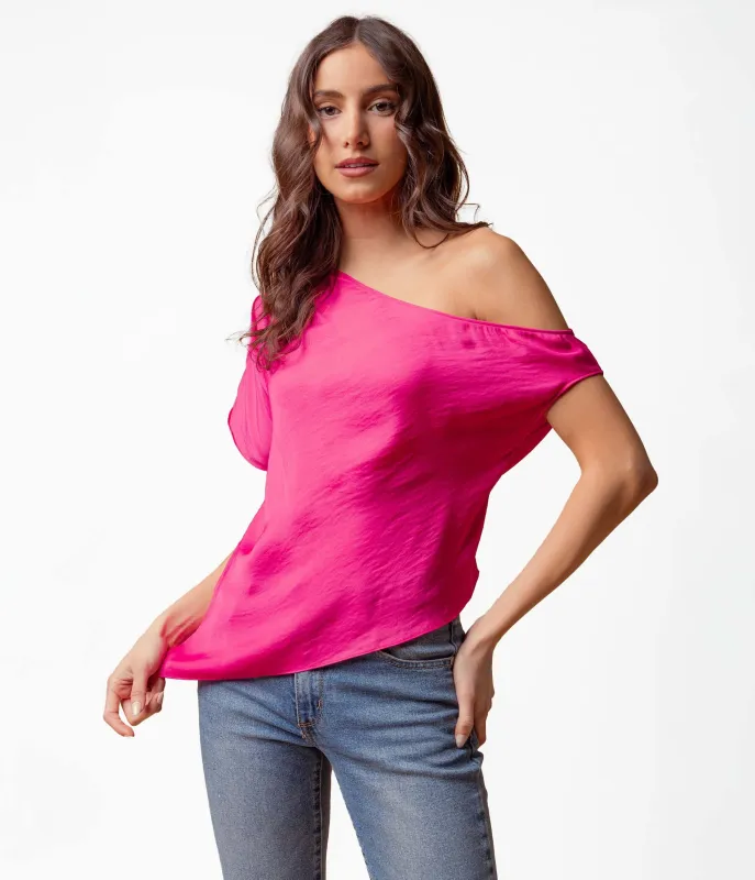 Hot Pink Off The Shoulder Satin Blouse sold by Unique Vintage