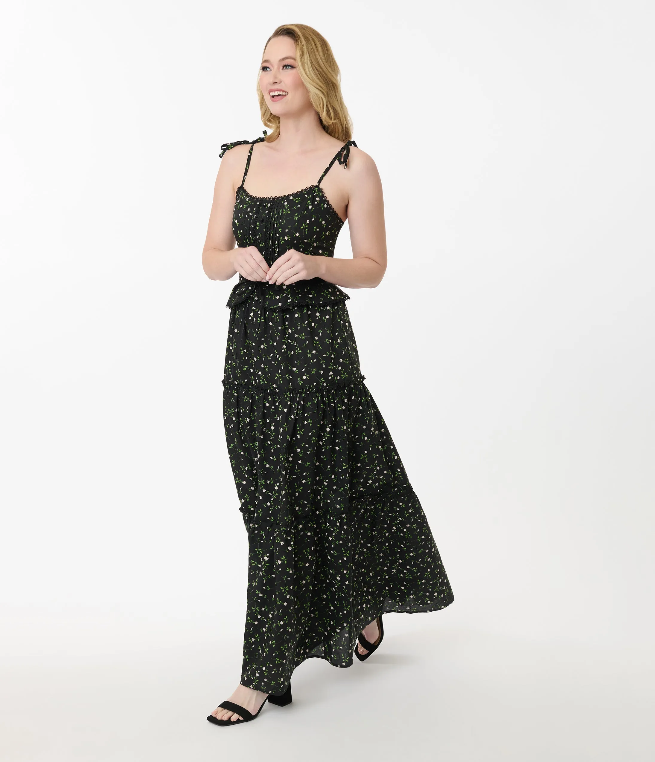 Smak Parlour Black Ditzy Floral Shirred Tiered Maxi Dress sold by Unique Vintage product image thumbnail 4
