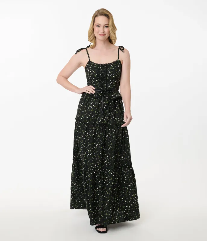 Smak Parlour Black Ditzy Floral Shirred Tiered Maxi Dress sold by Unique Vintage