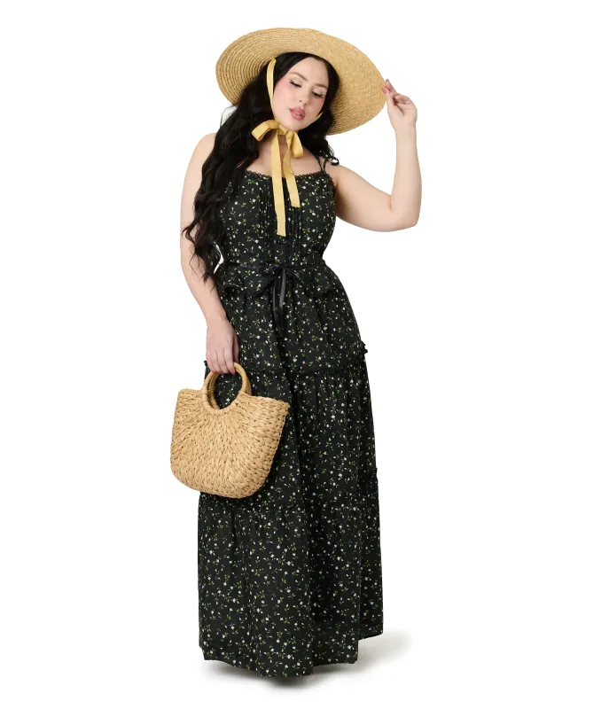 Smak Parlour Plus Size Black Ditzy Floral Shirred Tiered Maxi Dress sold by Unique Vintage