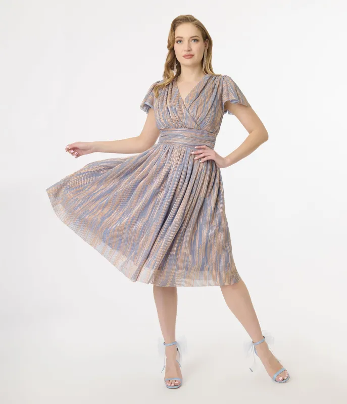 Magnolia Place Periwinkle & Gold Flutter Sleeve Midori Swing Dress sold by Unique Vintage