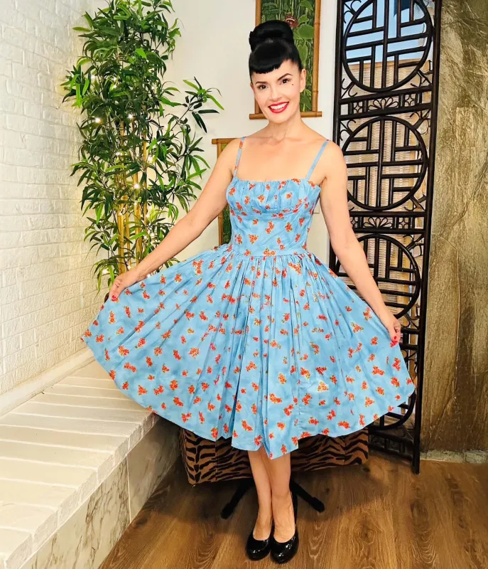 Bernie Dexter Blue & Red Apple Blossom Print Swing Dress sold by Unique Vintage