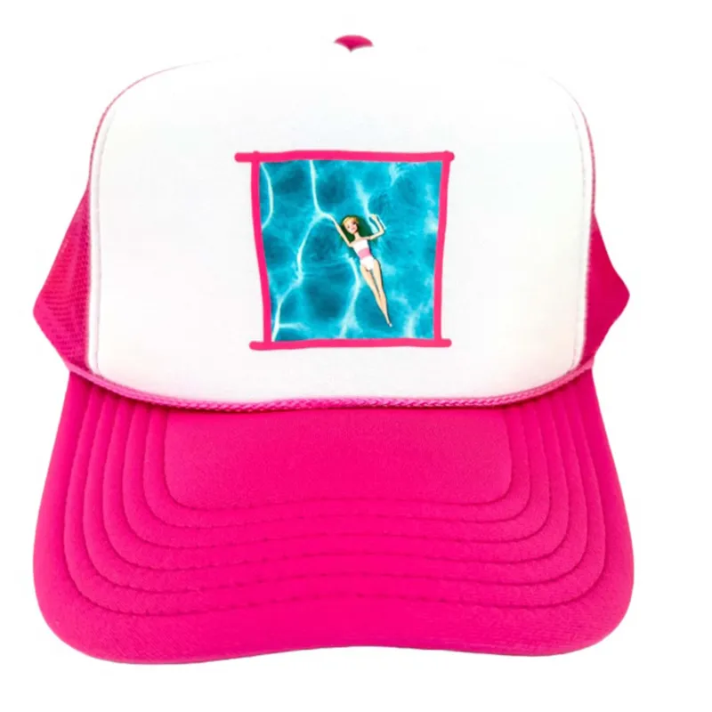 Hot Pink & White Barbie In A Pool Trucker Hat sold by Unique Vintage