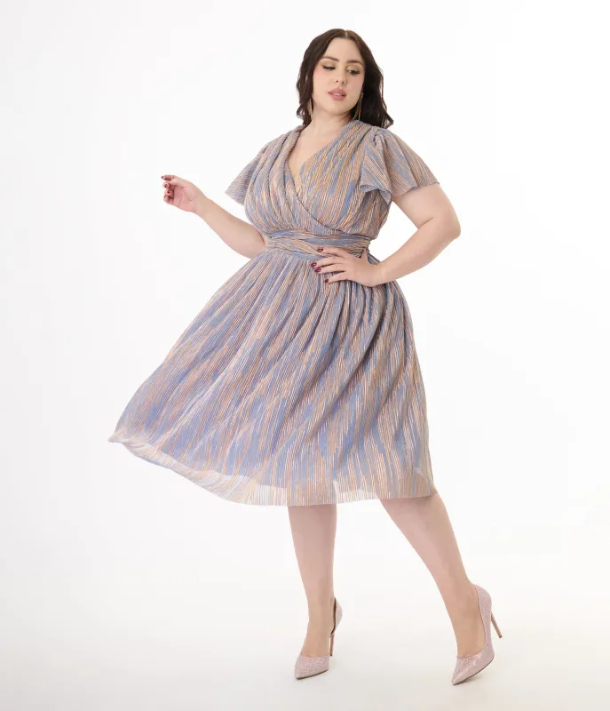 Magnolia Place Plus Size Periwinkle & Gold Flutter Sleeve Midori Swing Dress sold by Unique Vintage