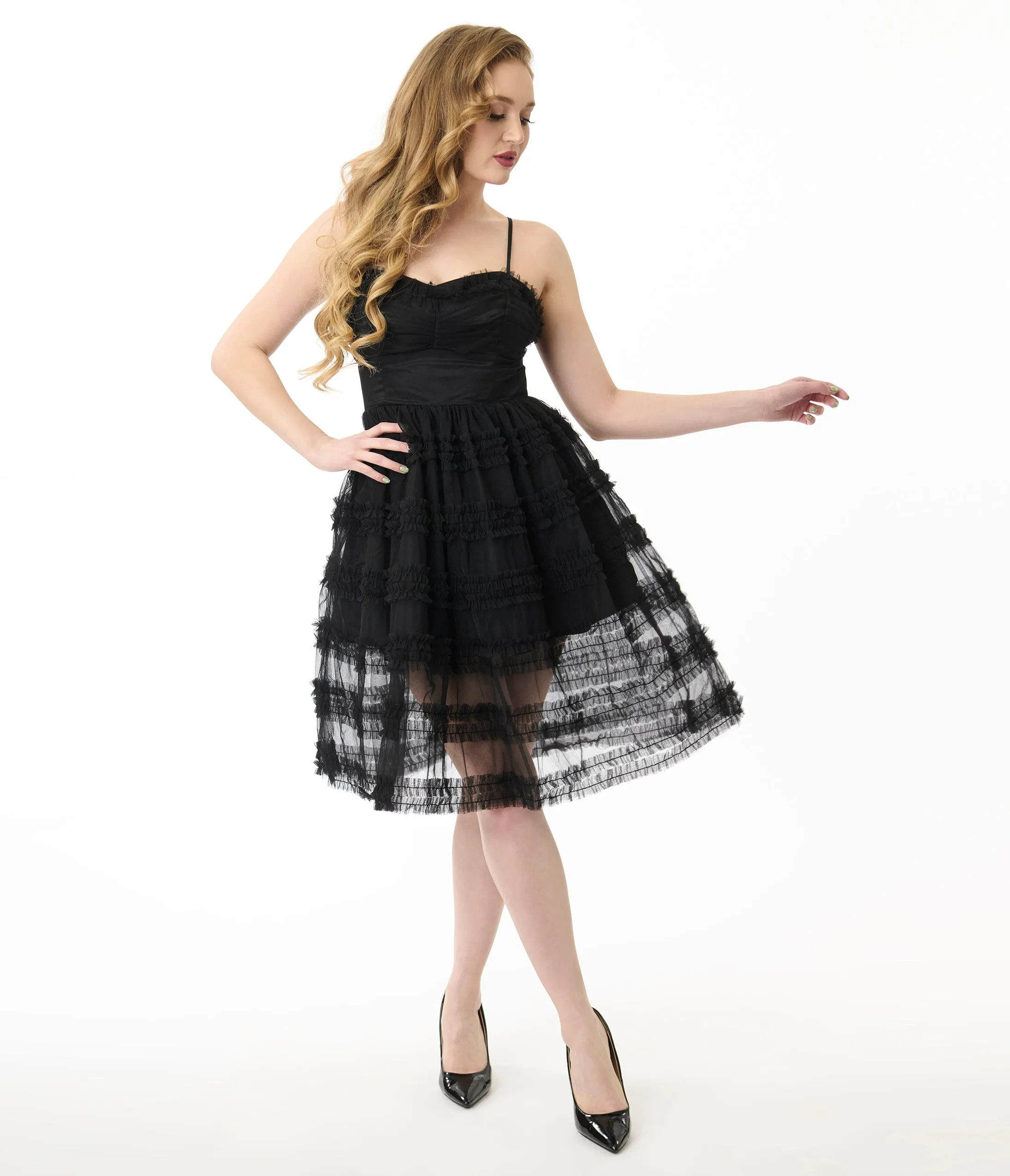 Unique Vintage Black Tiered Sheer Midi Dress sold by Unique Vintage