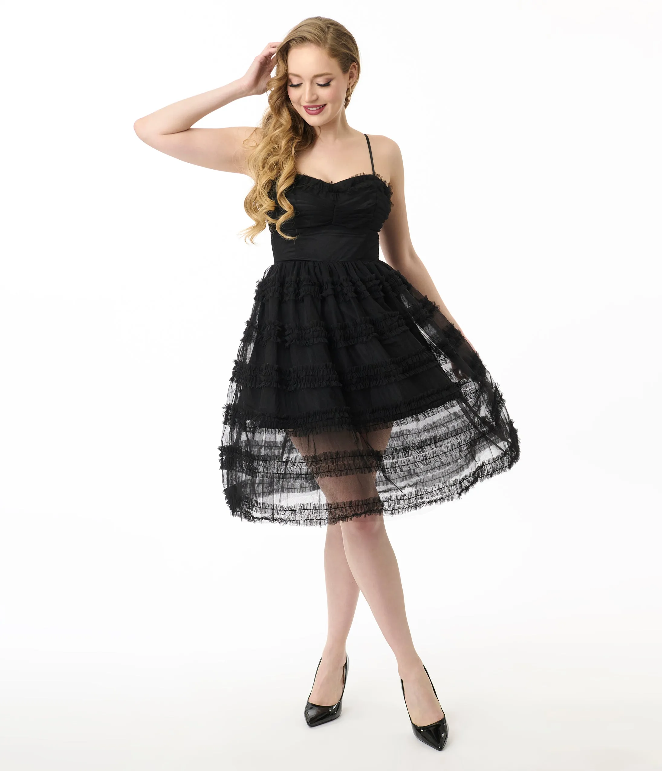 Unique Vintage Black Tiered Sheer Midi Dress sold by Unique Vintage product image thumbnail 5