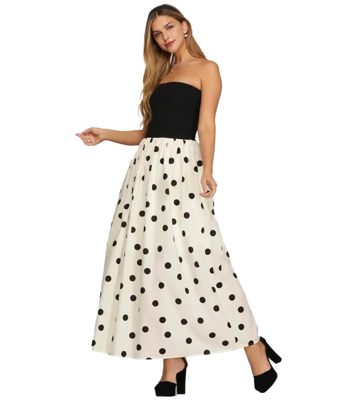 White & Black Polka Dot Strapless Midi Dress made by Unique Vintage