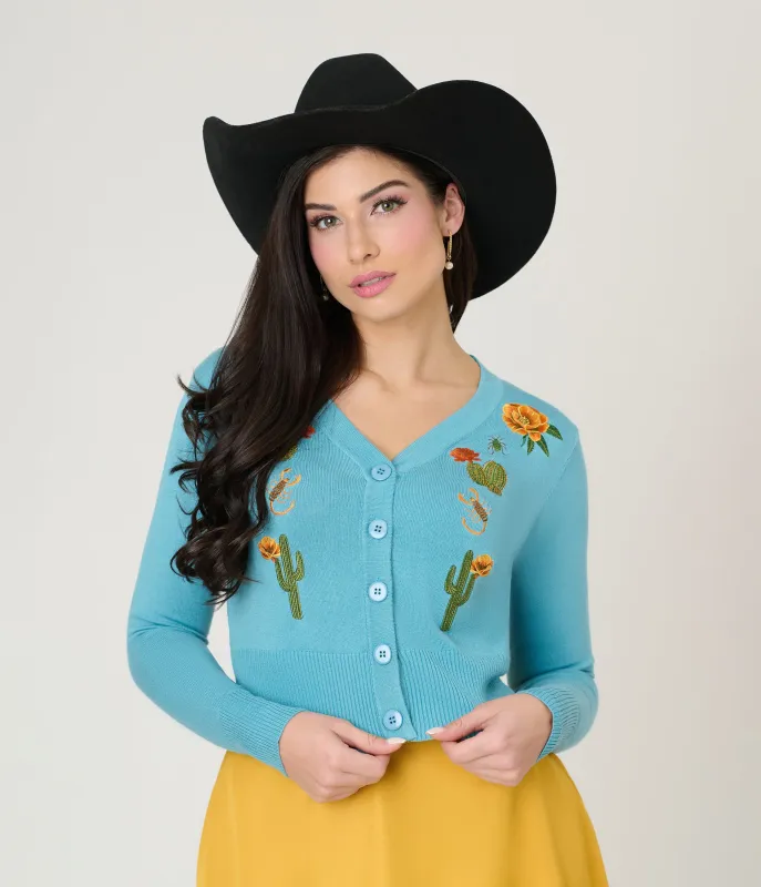 Voodoo Vixen Blue Desert Floral Cactus Embroidered Cardigan sold by Unique Vintage