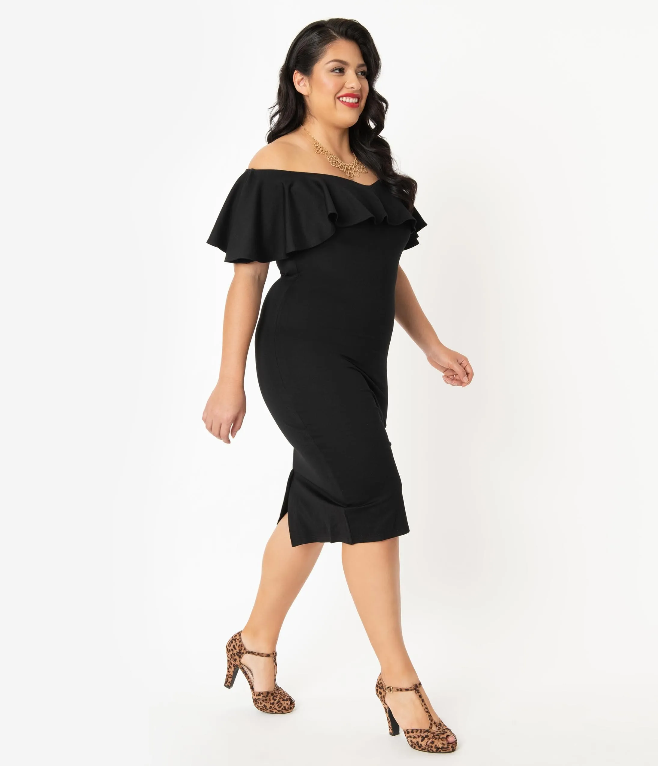 Unique Vintage Plus Size Black Knit Ruffle Sophia Wiggle Dress sold by Unique Vintage product image thumbnail 5