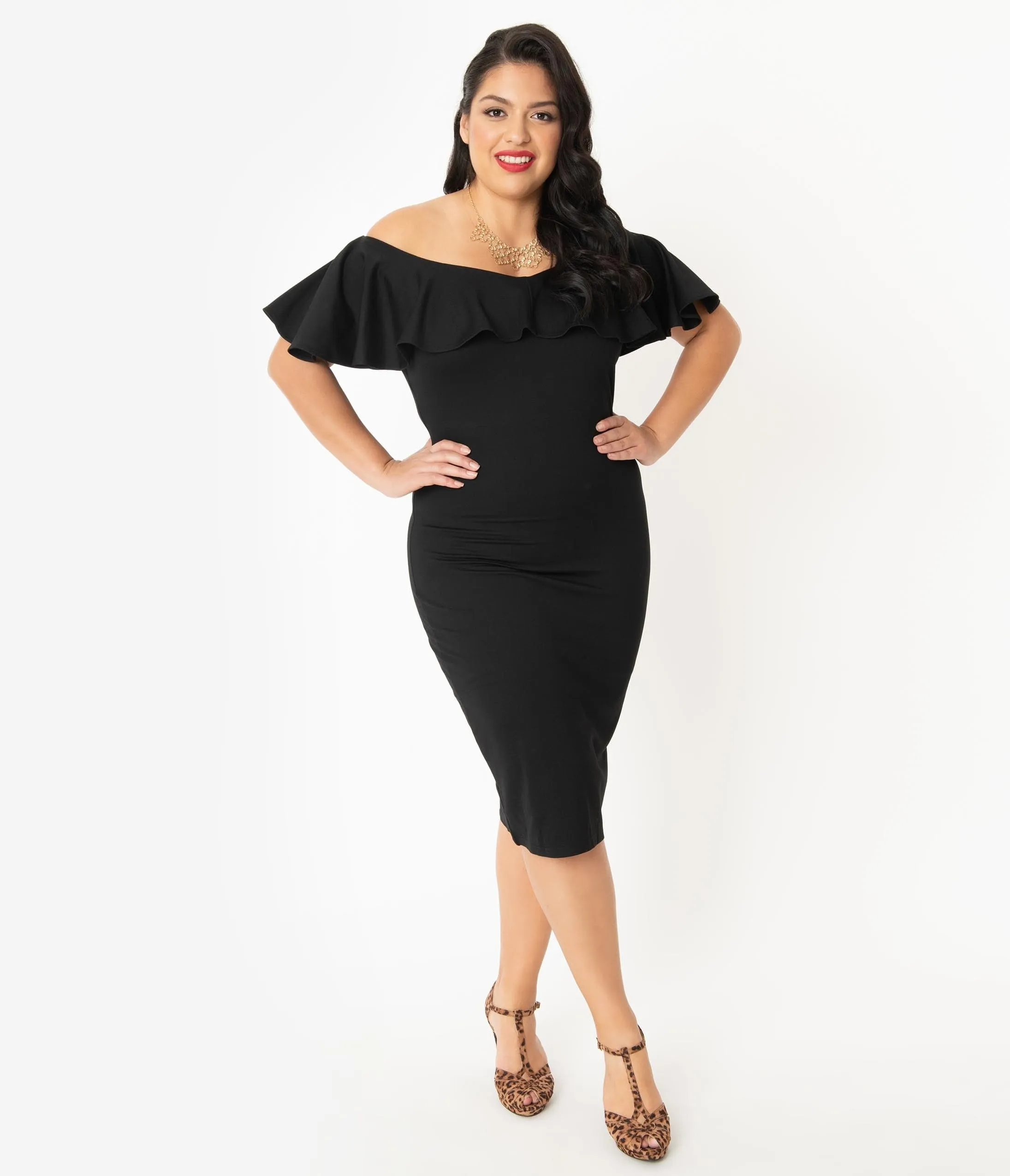 Unique Vintage Plus Size Black Knit Ruffle Sophia Wiggle Dress sold by Unique Vintage product image thumbnail 4
