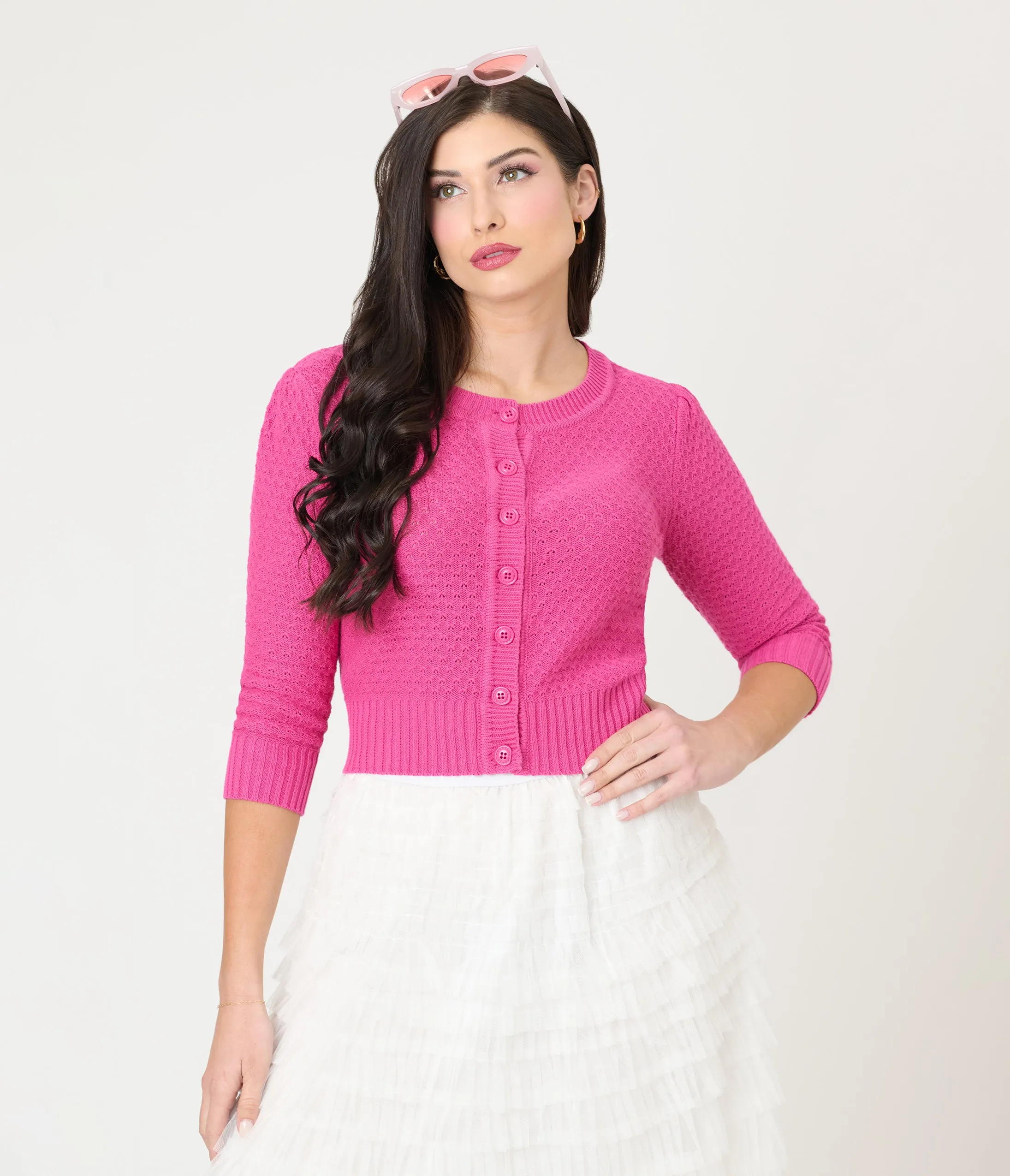 Retro Style Magenta Crochet Cardigan sold by Unique Vintage