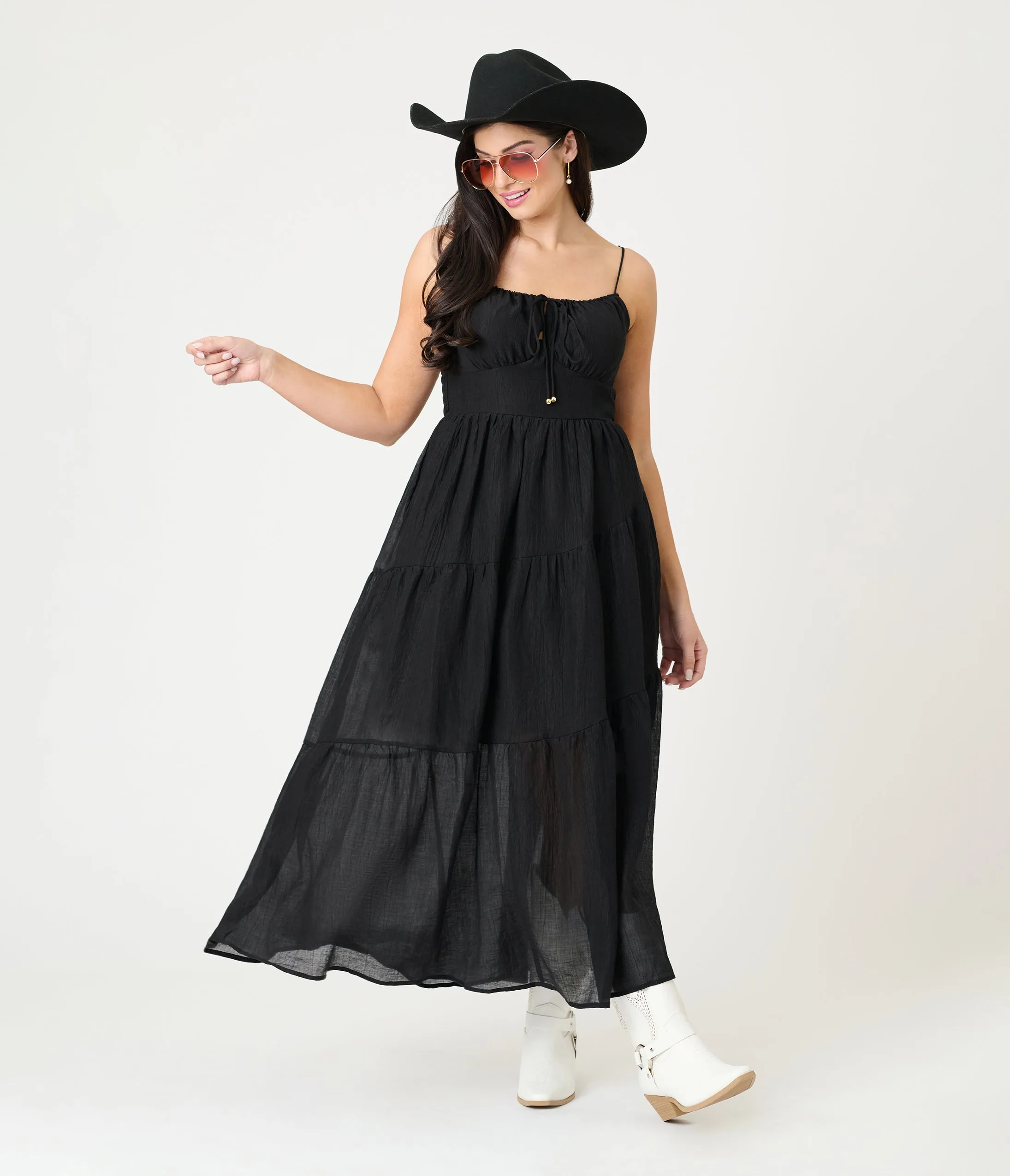 Black Smocked Tiered Maxi Dress sold by Unique Vintage product image thumbnail 4