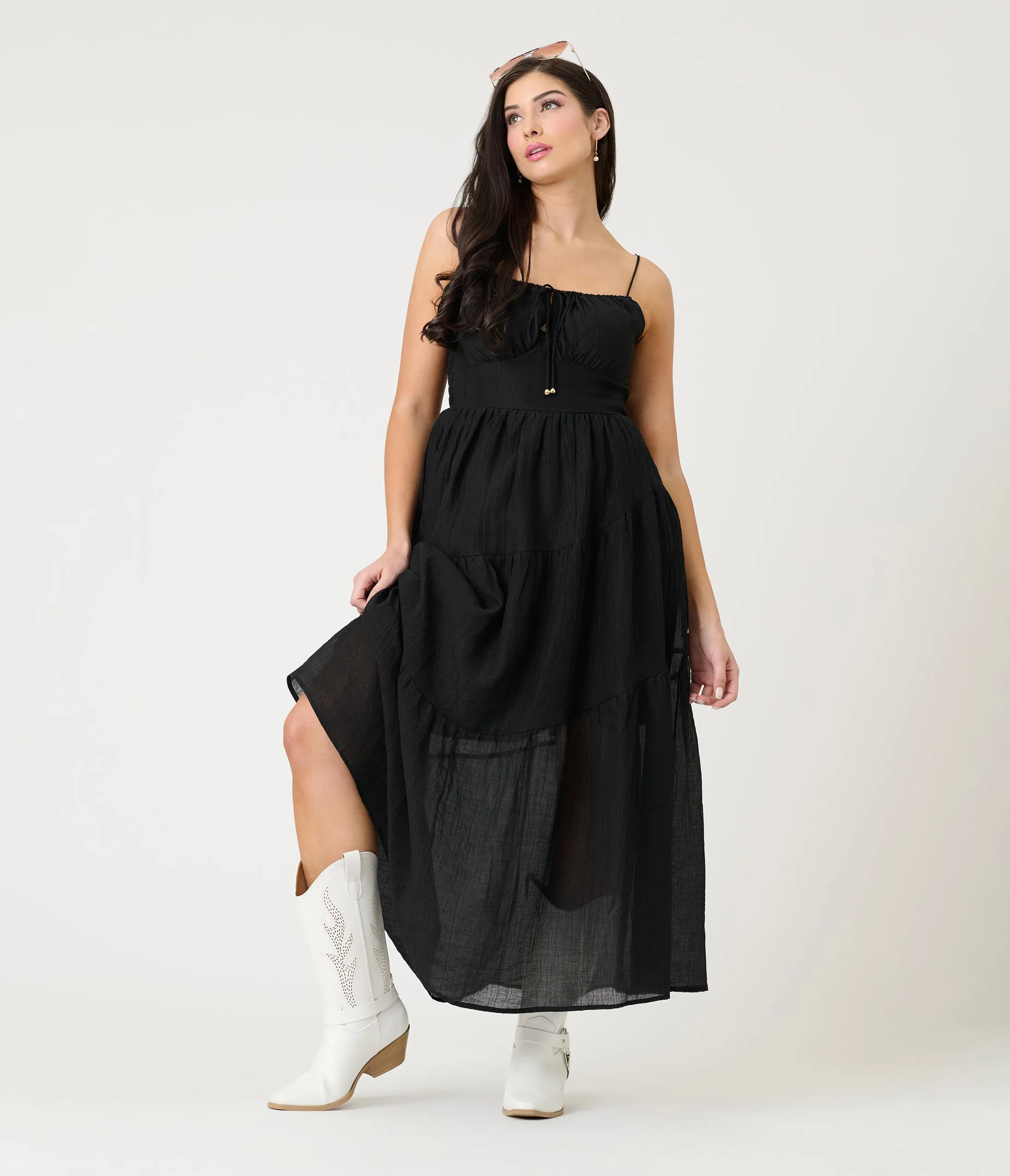 Black Smocked Tiered Maxi Dress sold by Unique Vintage