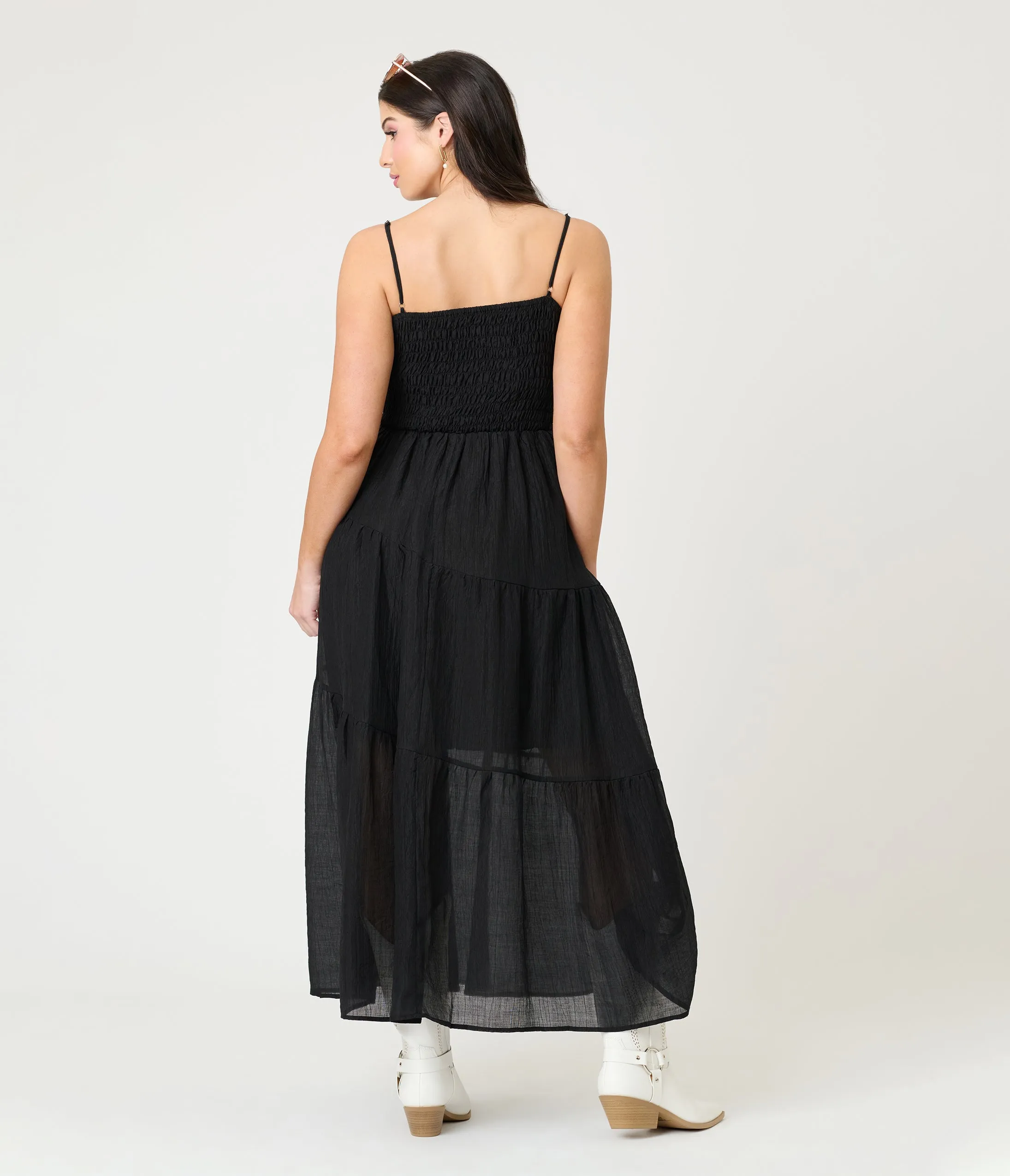 Black Smocked Tiered Maxi Dress sold by Unique Vintage product image thumbnail 2