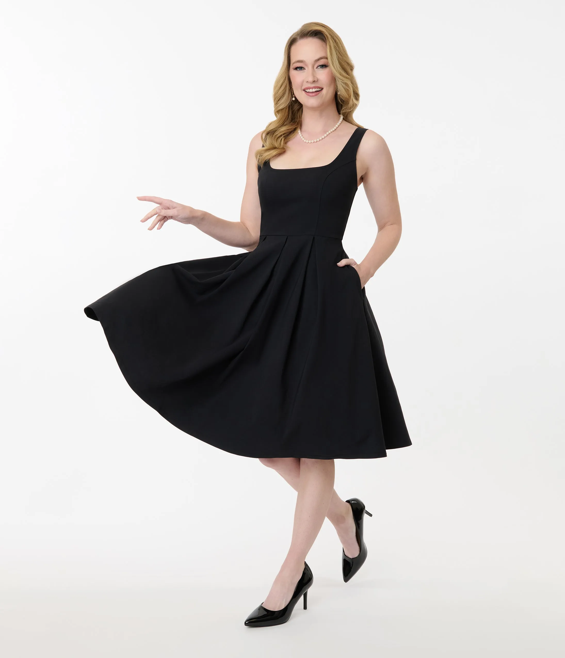 Unique Vintage Black Square Neck Pleated Swing Dress sold by Unique Vintage product image thumbnail 4