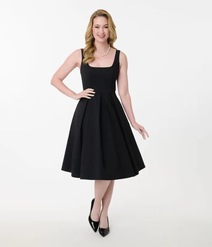 Unique Vintage Black Square Neck Pleated Swing Dress sold by Unique Vintage