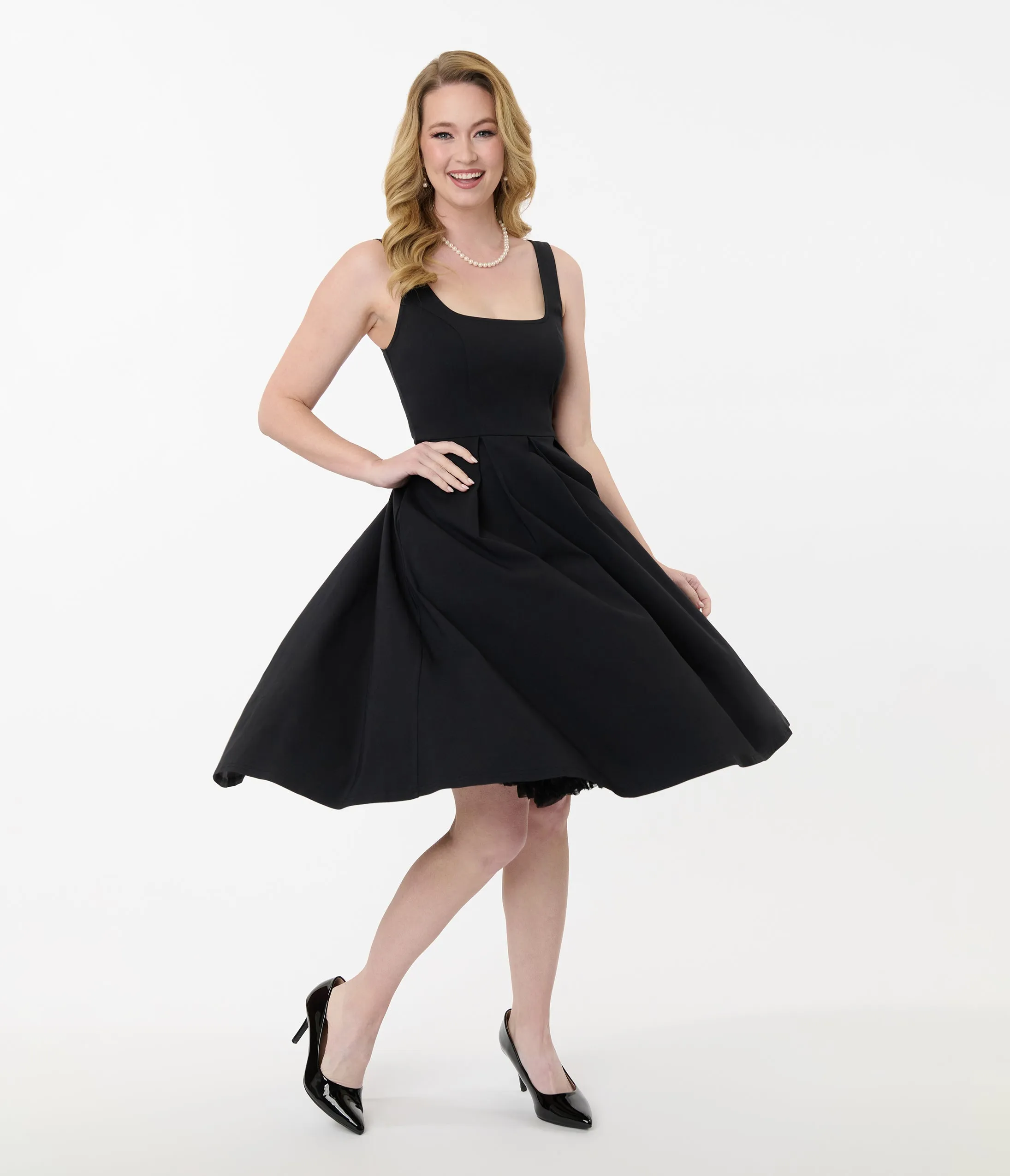 Unique Vintage Black Square Neck Pleated Swing Dress sold by Unique Vintage product image thumbnail 5