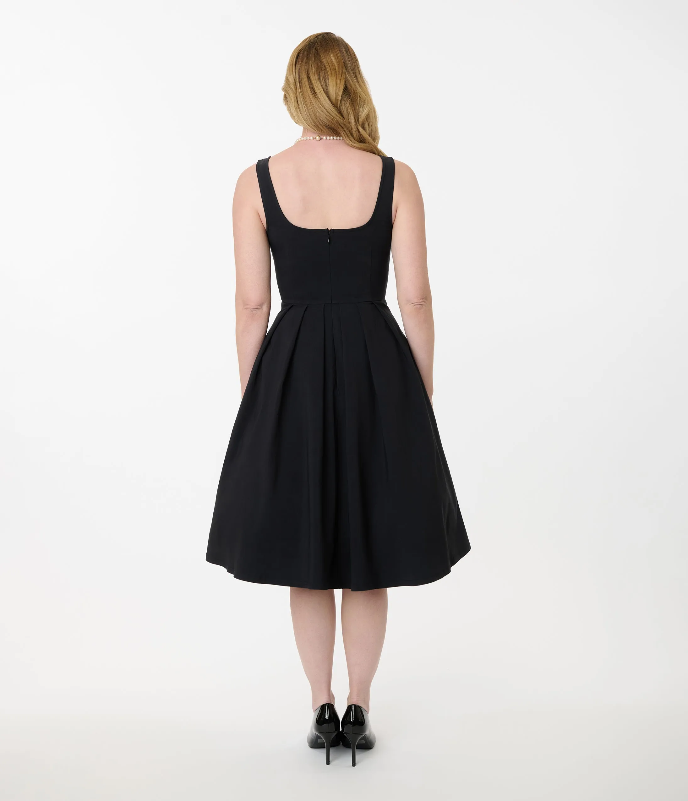 Unique Vintage Black Square Neck Pleated Swing Dress sold by Unique Vintage product image thumbnail 3