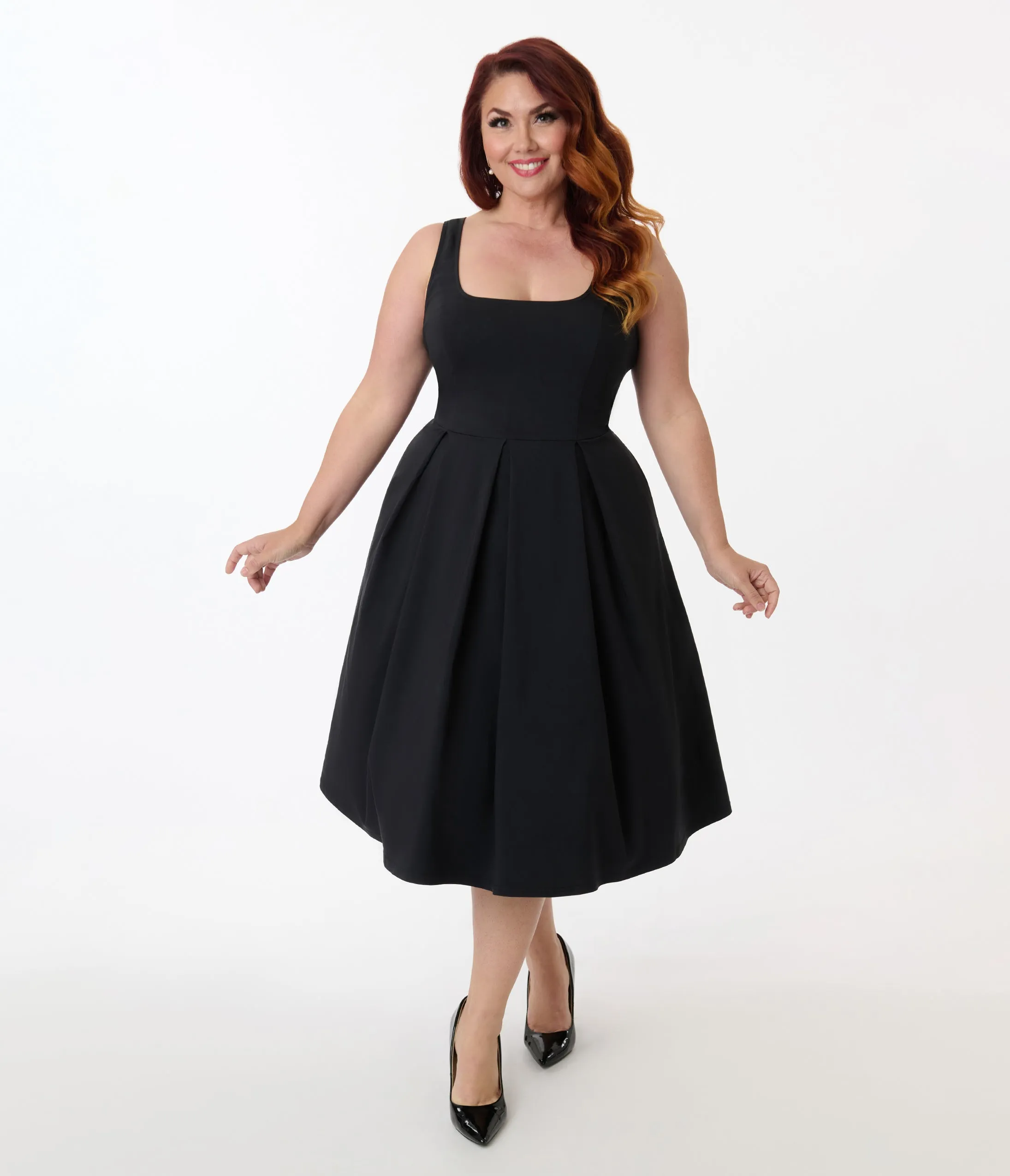 Unique Vintage Plus Size Black Square Neck Pleated Swing Dress sold by Unique Vintage