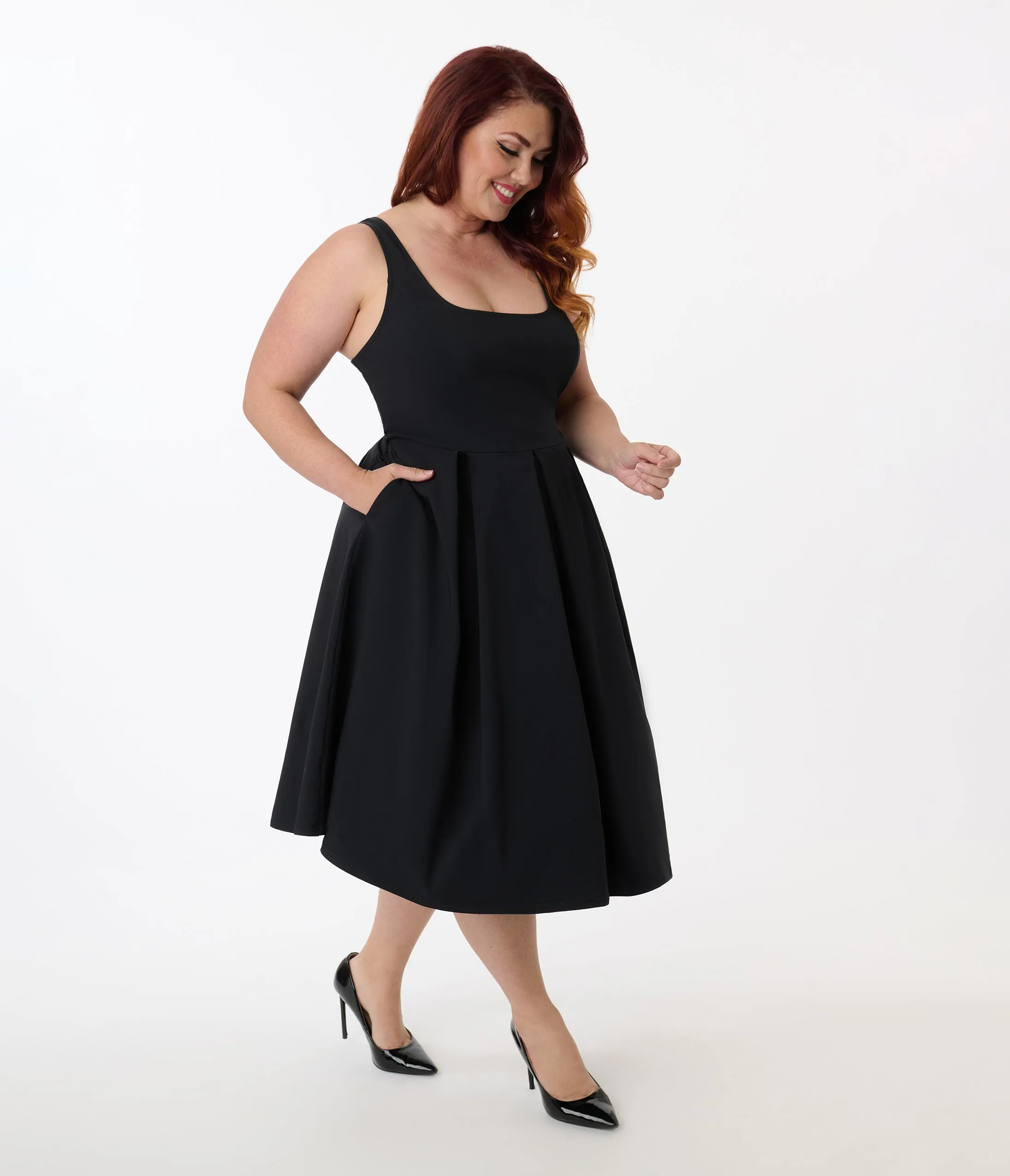 Unique Vintage Plus Size Black Square Neck Pleated Swing Dress sold by Unique Vintage product image thumbnail 4