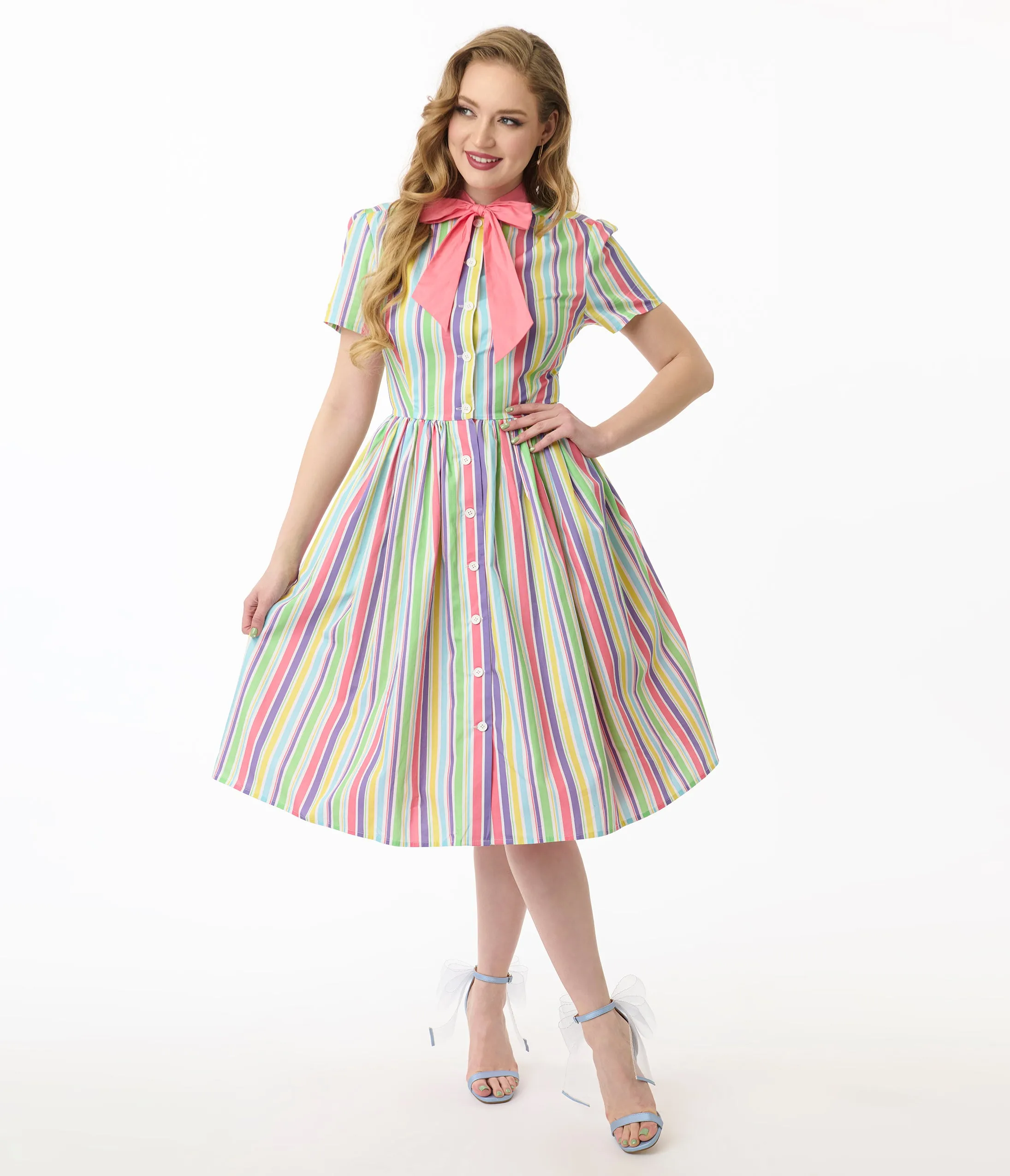 Unique Vintage Rainbow Pastel Stripe Dapper Dan Bow Swing Dress sold by Unique Vintage product image thumbnail 4