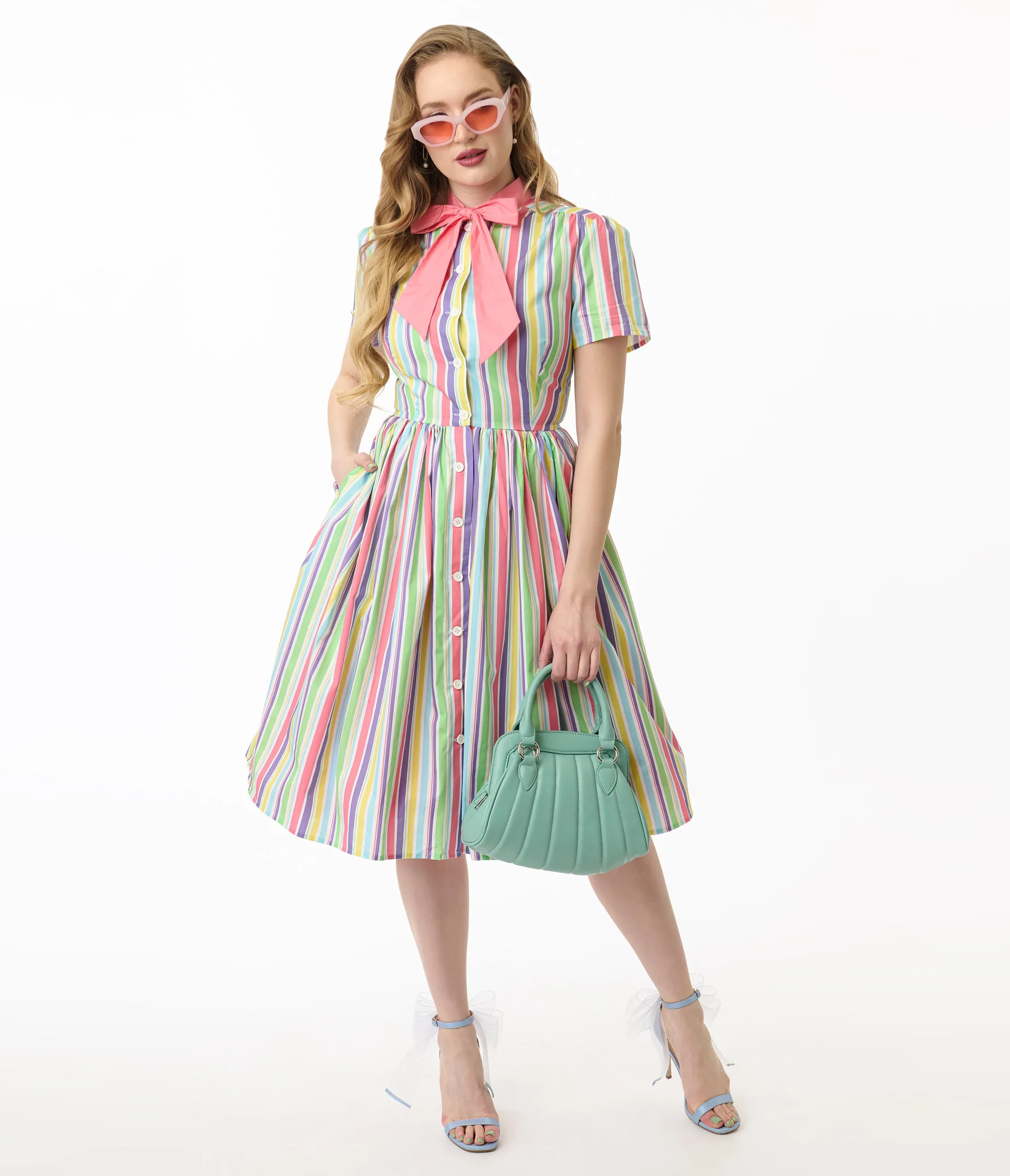 Unique Vintage Rainbow Pastel Stripe Dapper Dan Bow Swing Dress sold by Unique Vintage