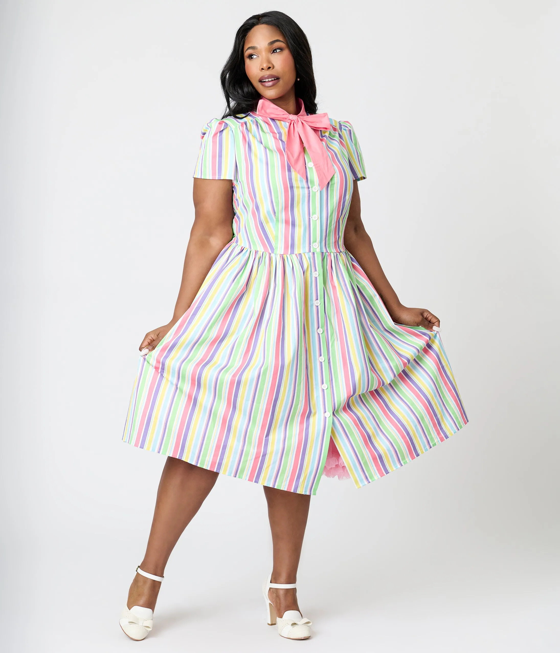 Unique Vintage Plus Size Rainbow Pastel Stripe Dapper Dan Bow Swing Dress sold by Unique Vintage