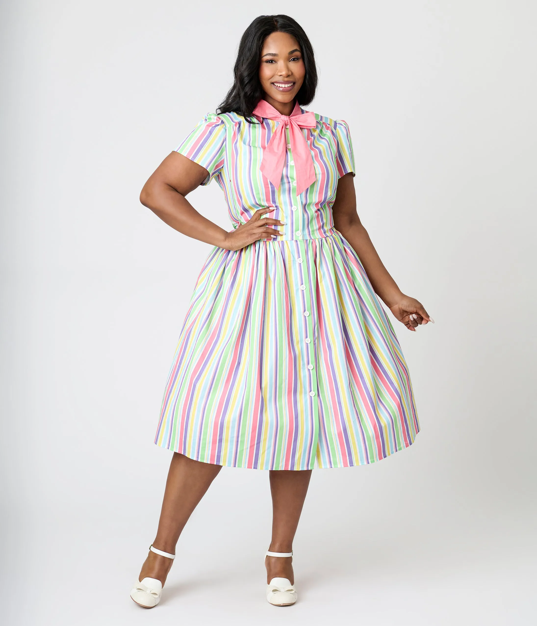 Unique Vintage Plus Size Rainbow Pastel Stripe Dapper Dan Bow Swing Dress sold by Unique Vintage product image thumbnail 5
