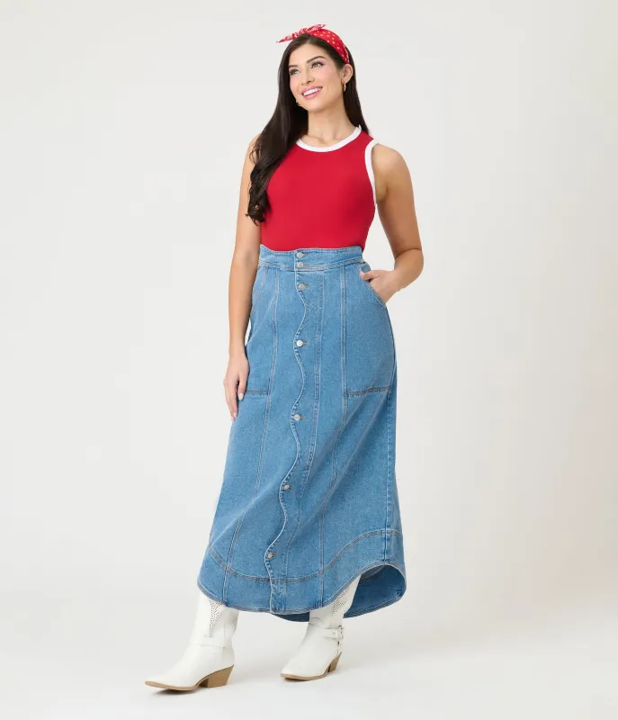 Wavy Placket Denim Maxi Skirt sold by Unique Vintage