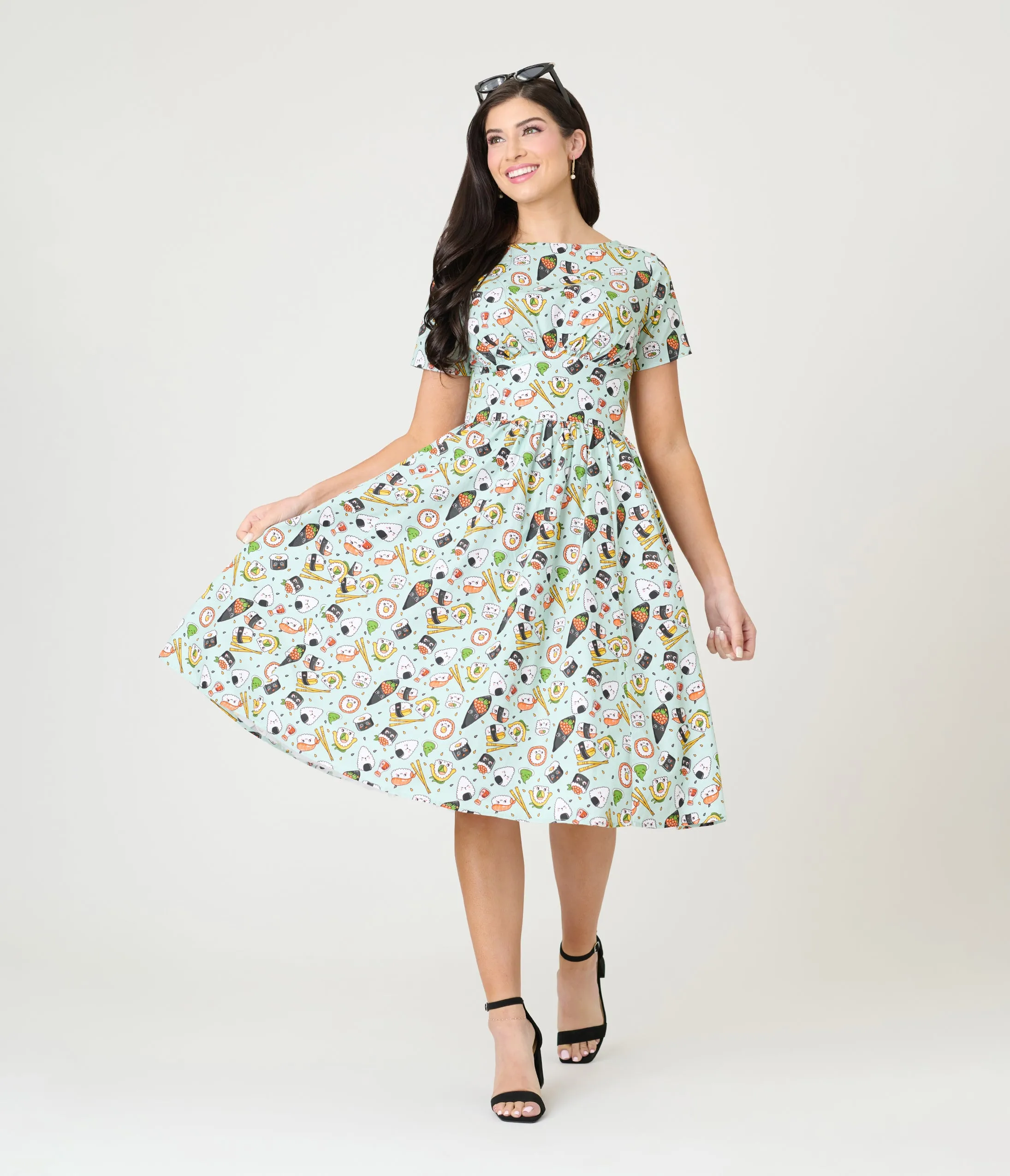 Unique Vintage Green Sushi Print Cotton Swing Dress sold by Unique Vintage