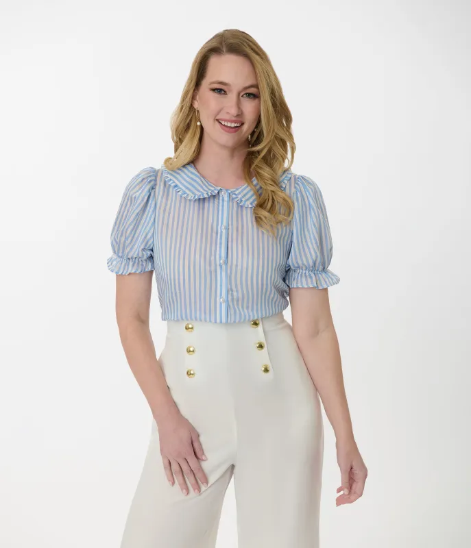Smak Parlour Blue & White Striped Puff Sleeve Blouse sold by Unique Vintage