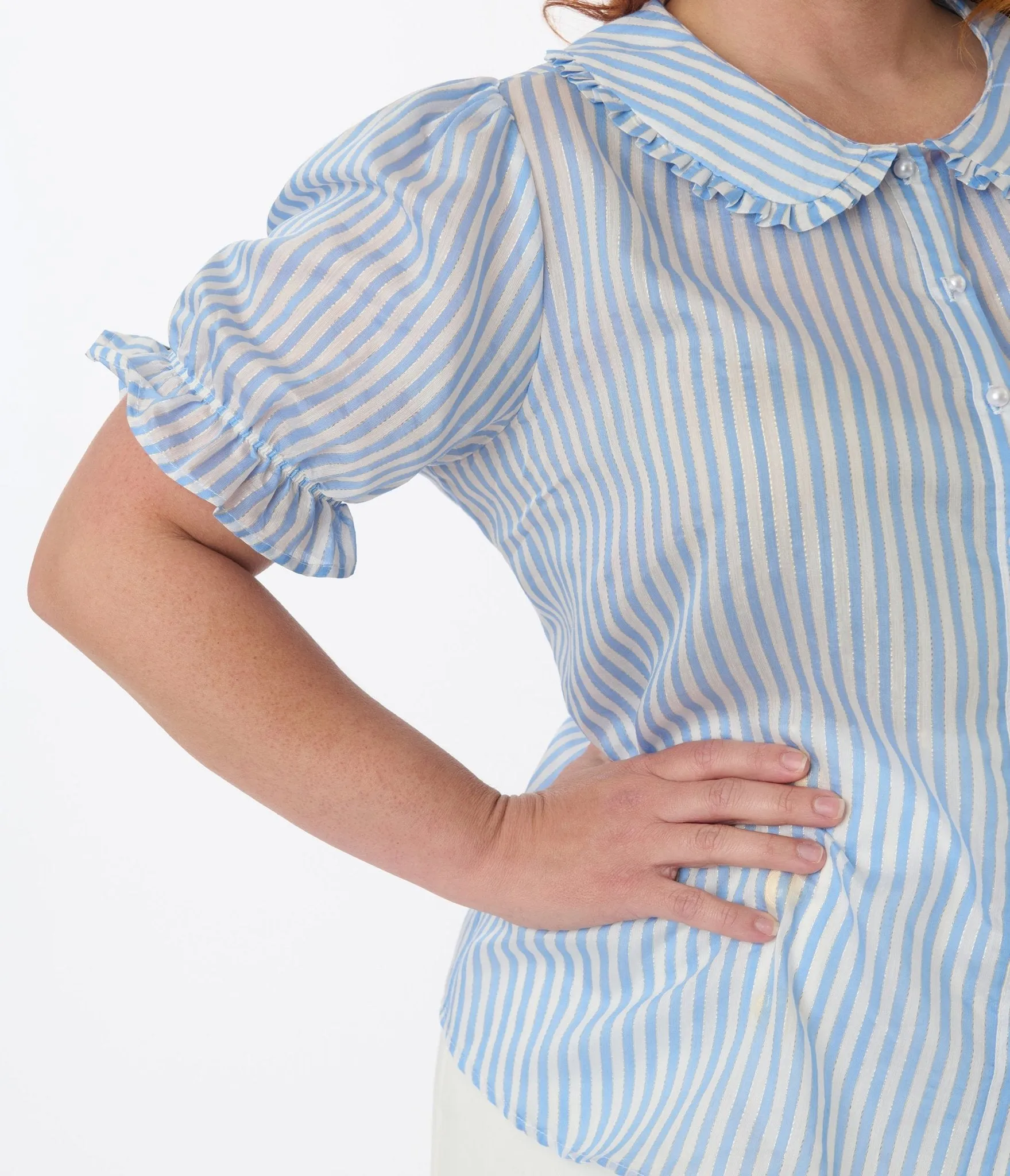 Smak Parlour Plus Size Blue & White Striped Puff Sleeve Blouse sold by Unique Vintage product image thumbnail 2