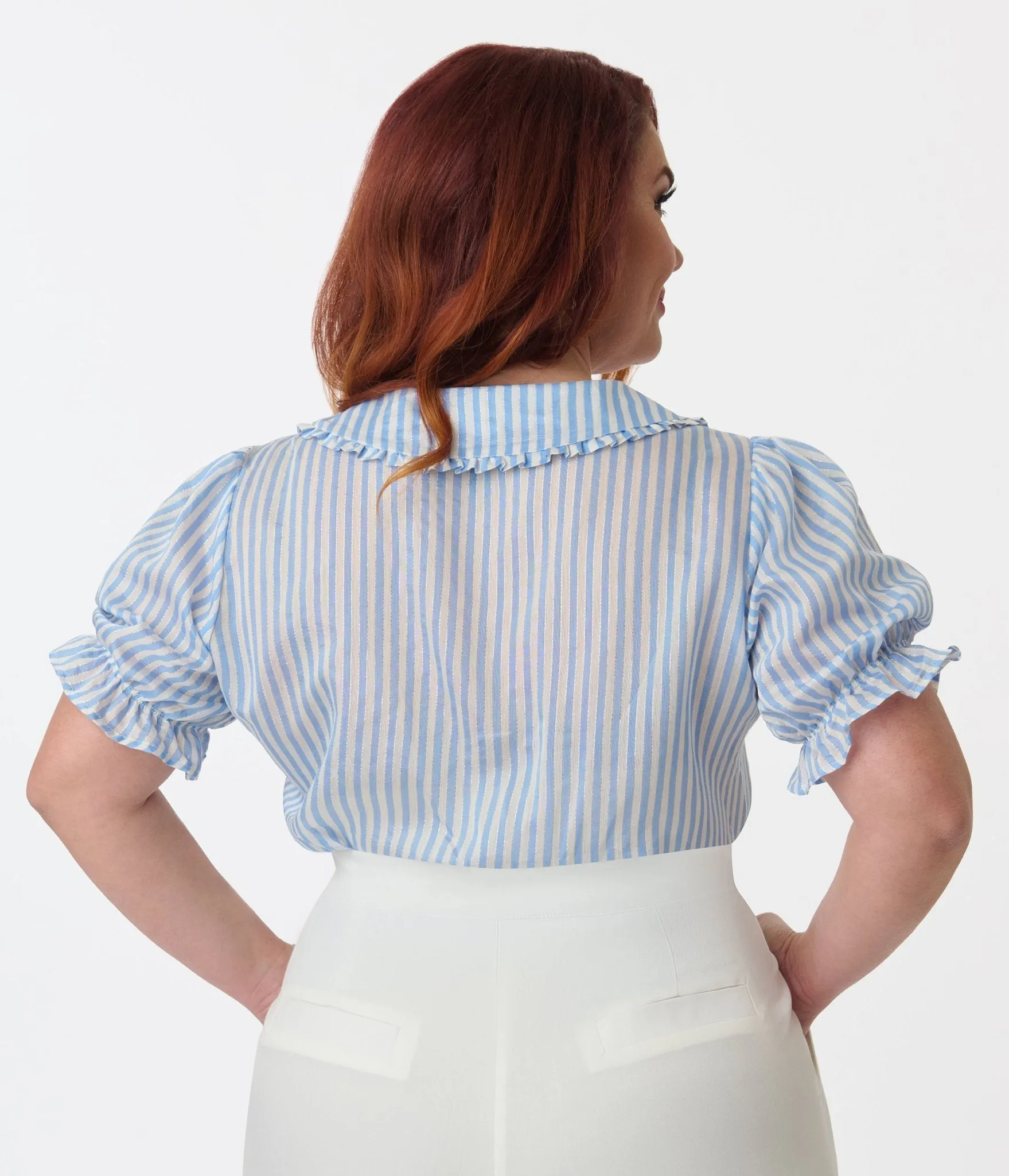 Smak Parlour Plus Size Blue & White Striped Puff Sleeve Blouse sold by Unique Vintage product image thumbnail 3