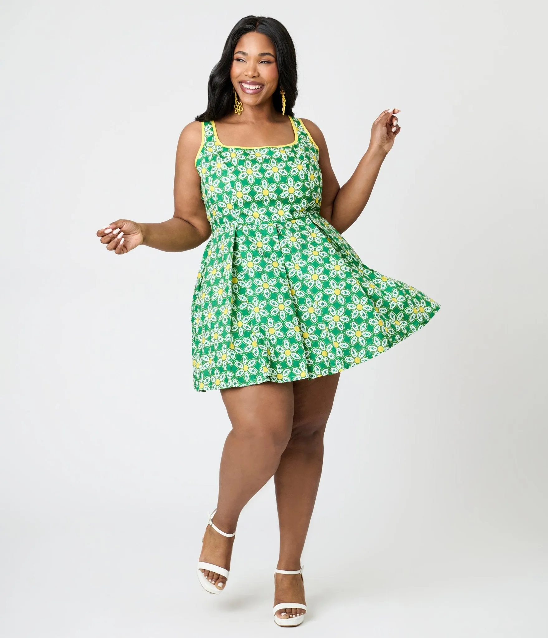 Smak Parlour Plus Size Green & Yellow Daisy Pleated Skirted Romper sold by Unique Vintage