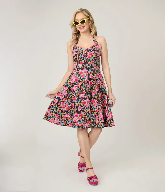 Smak Parlour Painted Roses Sweetheart Halter Cotton Flare Dress sold by Unique Vintage