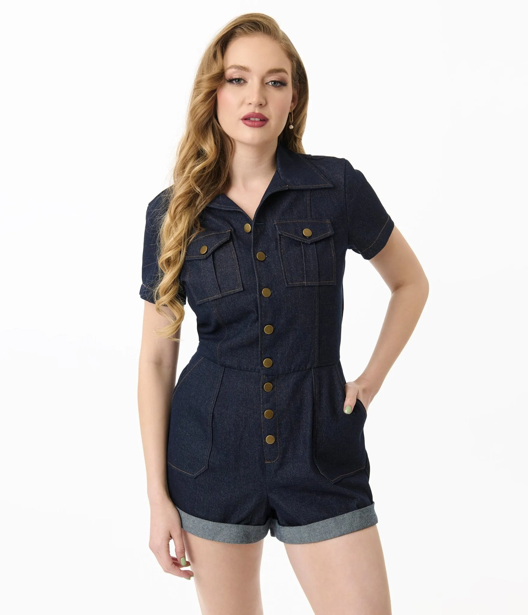 Unique Vintage Dark Denim Garage Style Romper sold by Unique Vintage