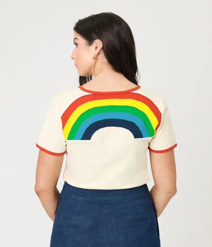 Unique Vintage Antique White & Rainbow Ringer Tee sold by Unique Vintage