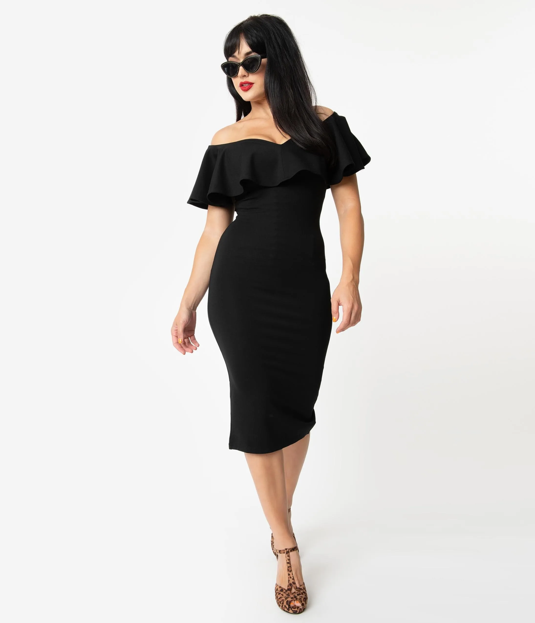 Unique Vintage Black Knit Ruffle Sophia Wiggle Dress sold by Unique Vintage product image thumbnail 4