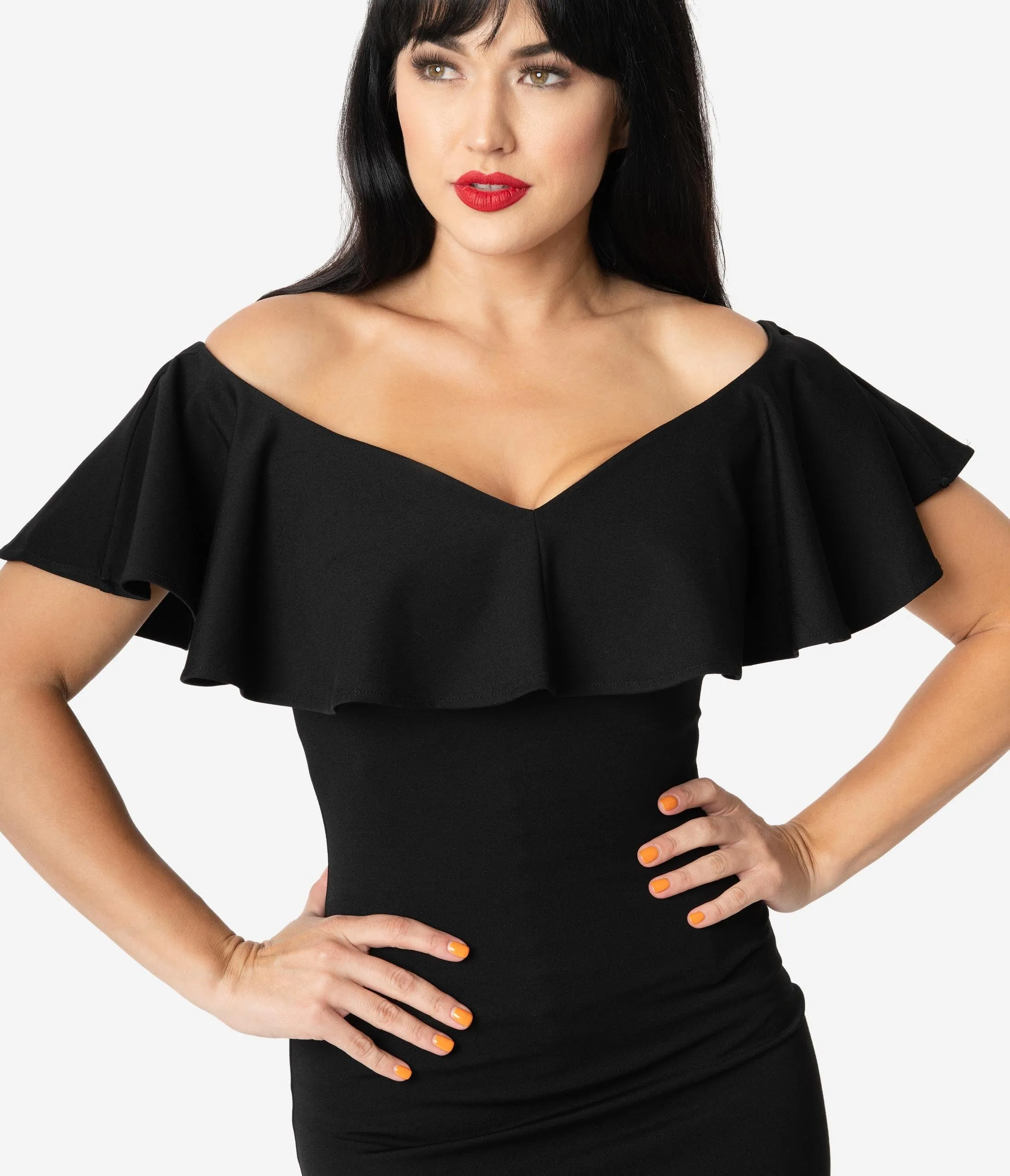 Unique Vintage Black Knit Ruffle Sophia Wiggle Dress sold by Unique Vintage product image thumbnail 3