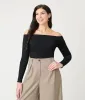 Black Ribbed Off Shoulder Top sold by Unique Vintage