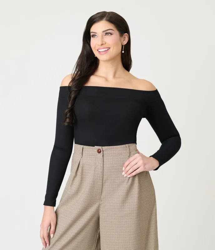 Black Ribbed Off Shoulder Top sold by Unique Vintage