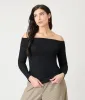 Black Ribbed Off Shoulder Top sold by Unique Vintage