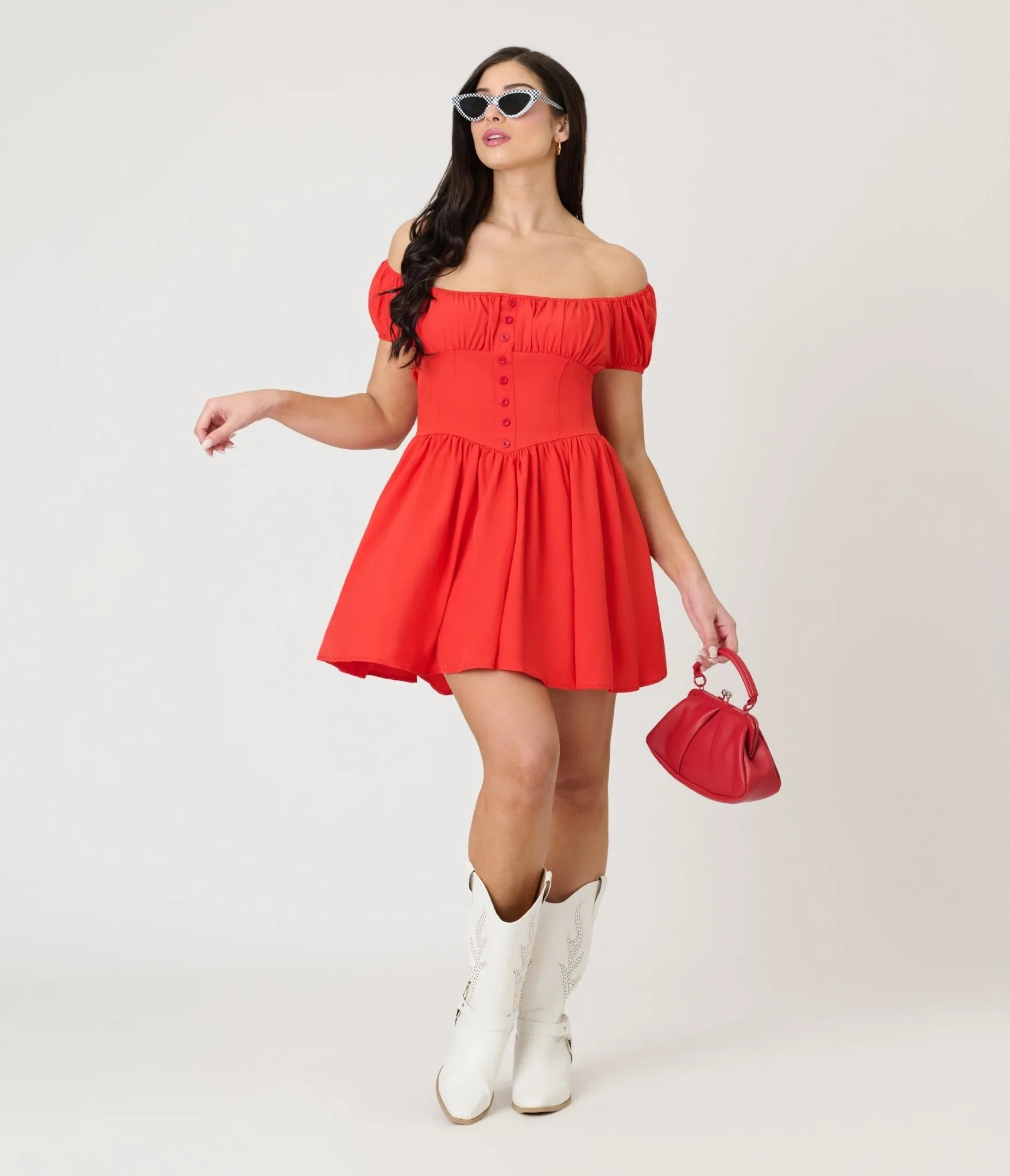 Red Off The Shoulder Mini Dress sold by Unique Vintage product image thumbnail 3