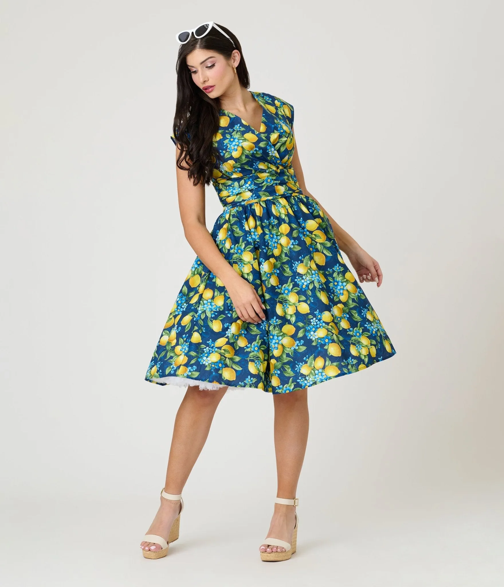 Retrolicious Blue & Lemon Print Cotton Swing Dress sold by Unique Vintage product image thumbnail 4