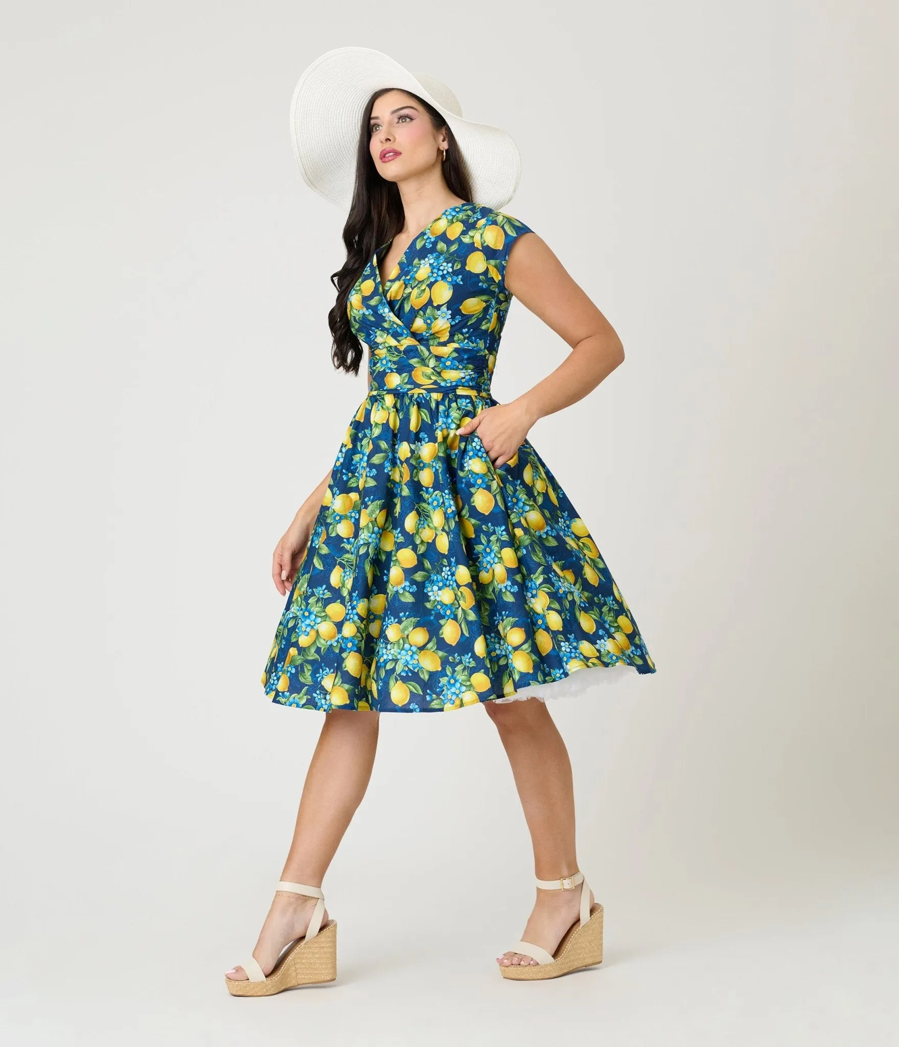 Retrolicious Blue & Lemon Print Cotton Swing Dress sold by Unique Vintage