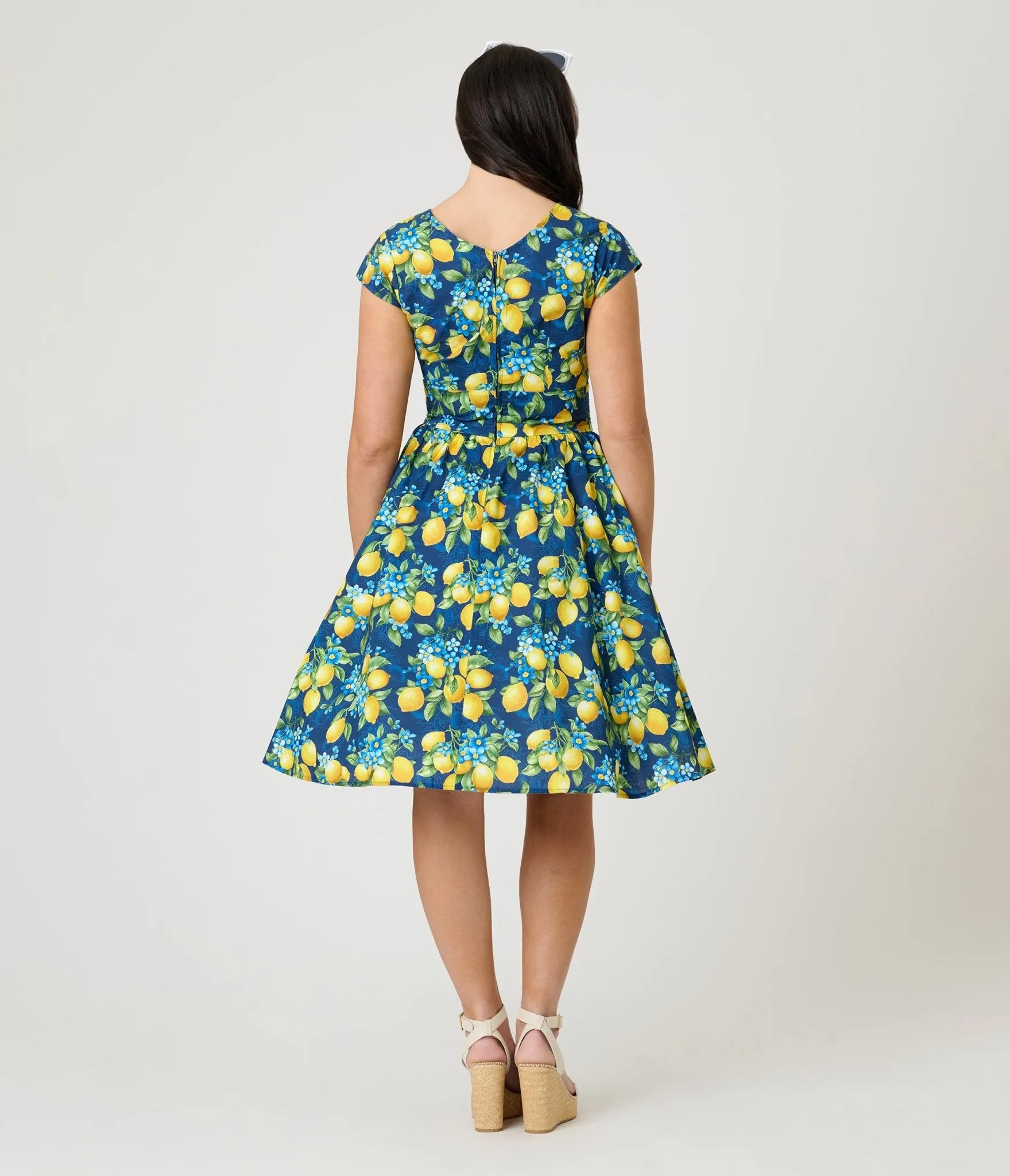 Retrolicious Blue & Lemon Print Cotton Swing Dress sold by Unique Vintage product image thumbnail 2