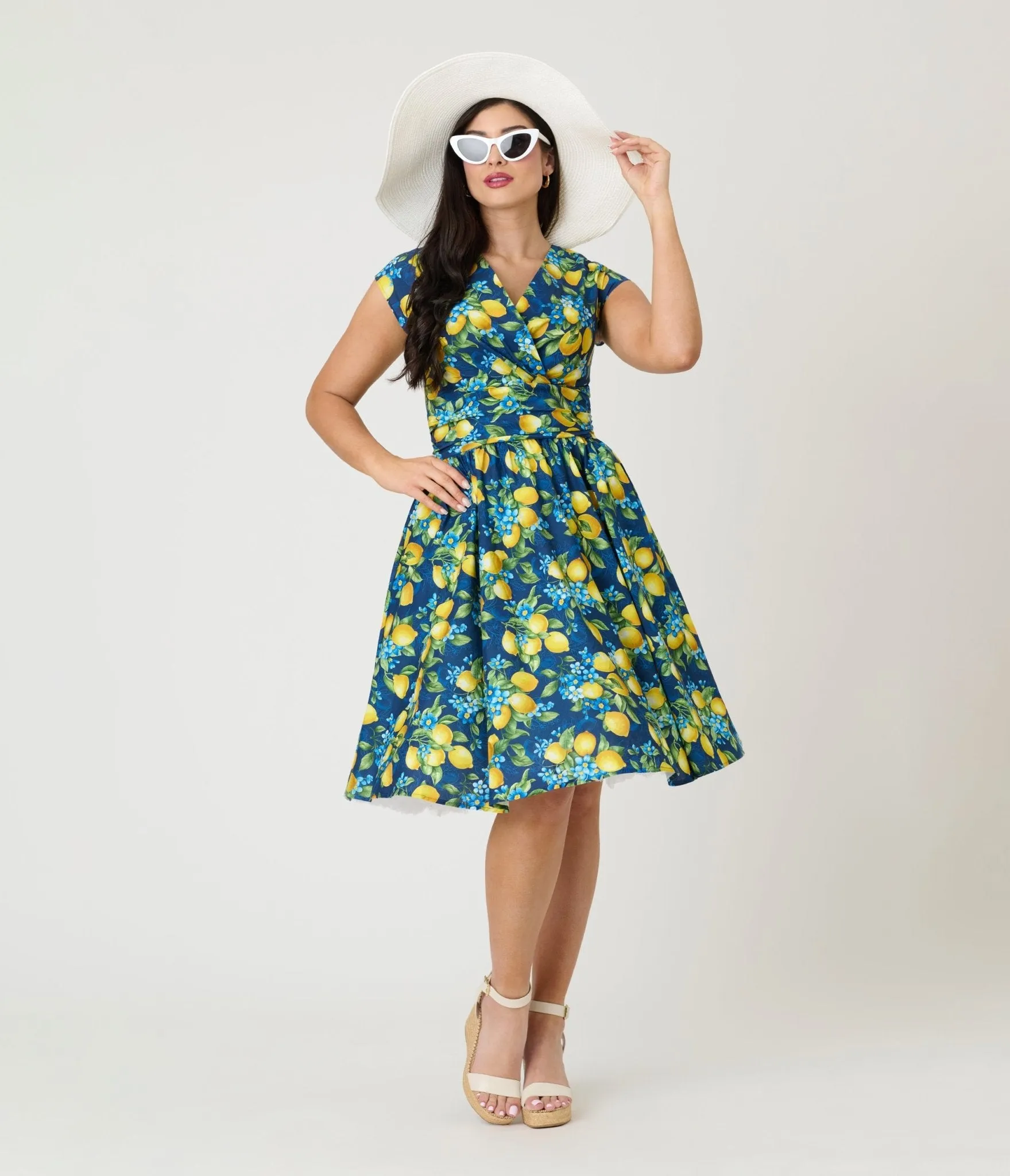 Retrolicious Blue & Lemon Print Cotton Swing Dress sold by Unique Vintage product image thumbnail 3