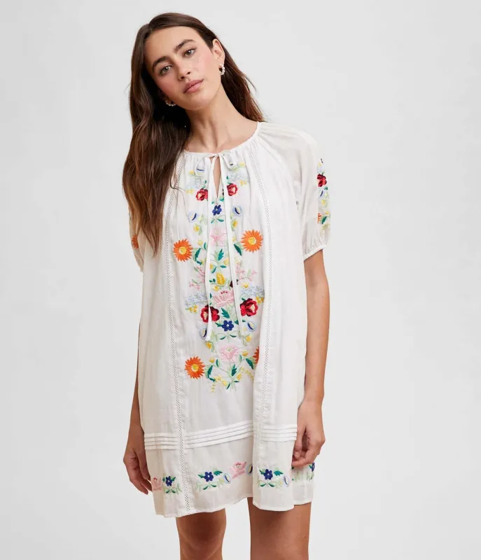 White Floral Bouquet Embroidered Cotton Mini Dress sold by Unique Vintage