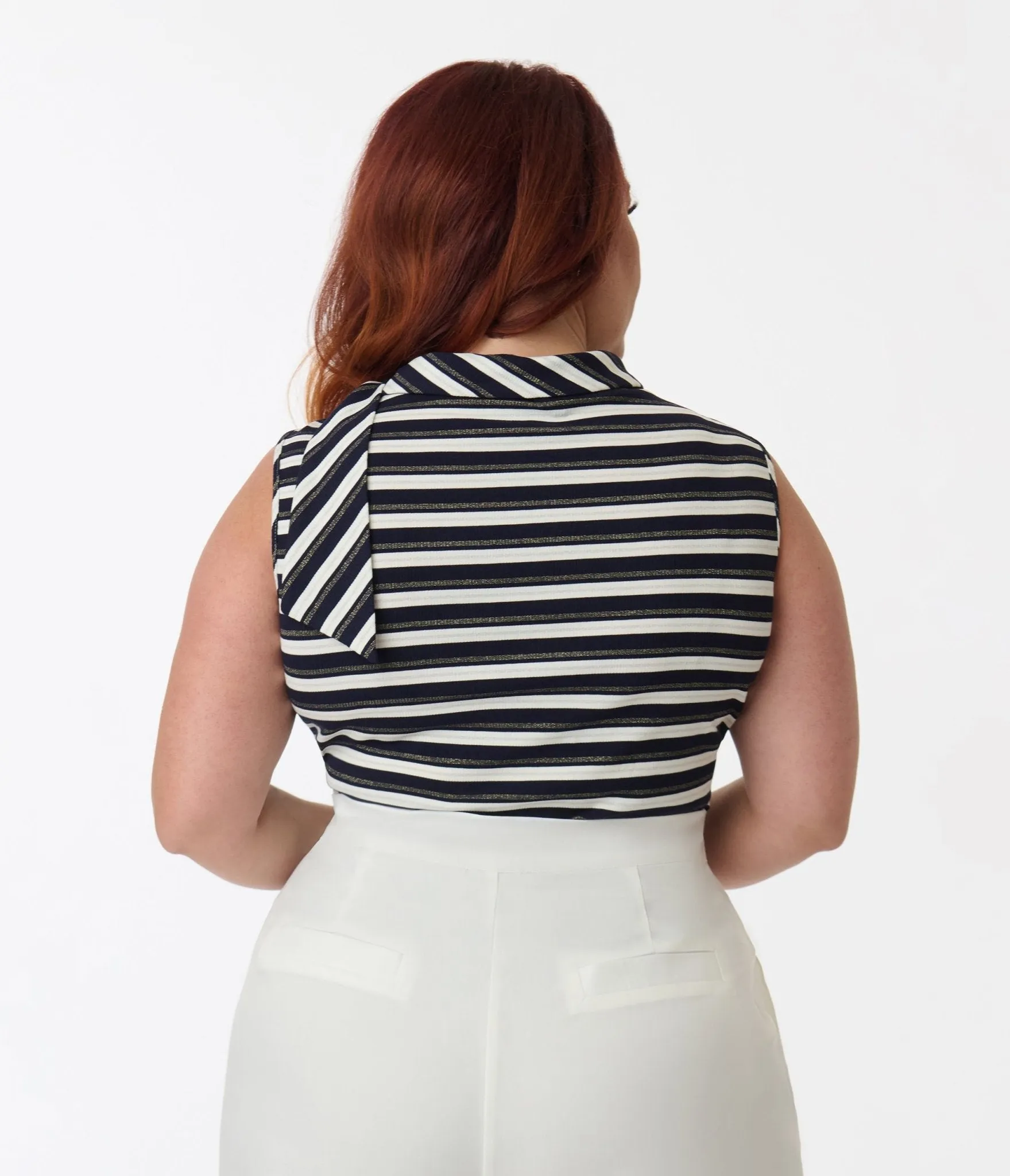 Smak Parlour Plus Size Navy & Silver Stripe Cowl Neck Tie Blouse sold by Unique Vintage product image thumbnail 3