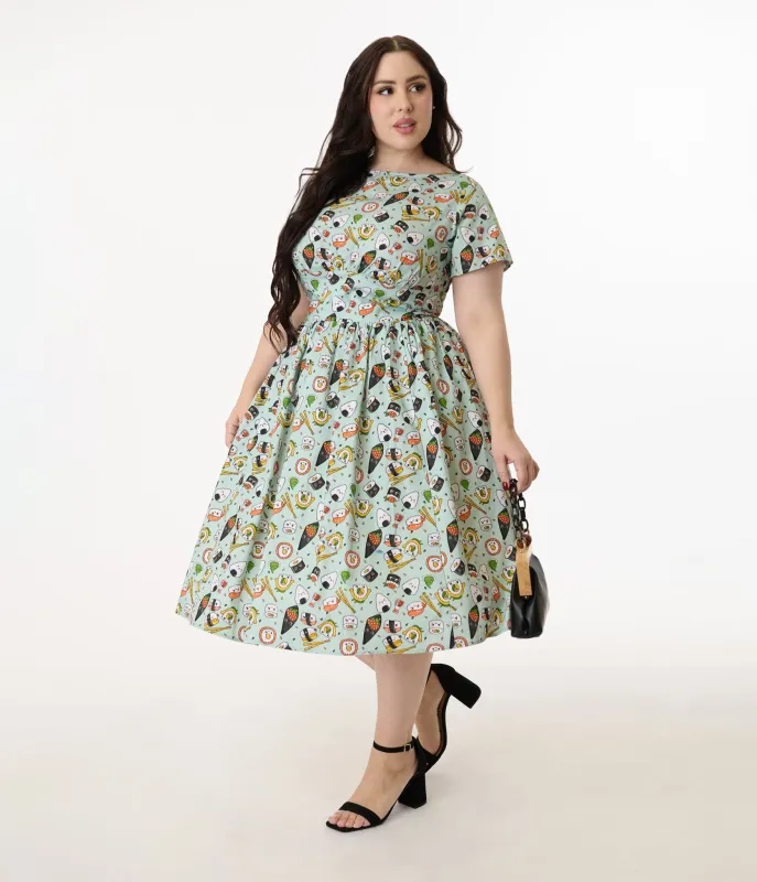 Unique Vintage Plus Size Green Sushi Print Cotton Swing Dress sold by Unique Vintage